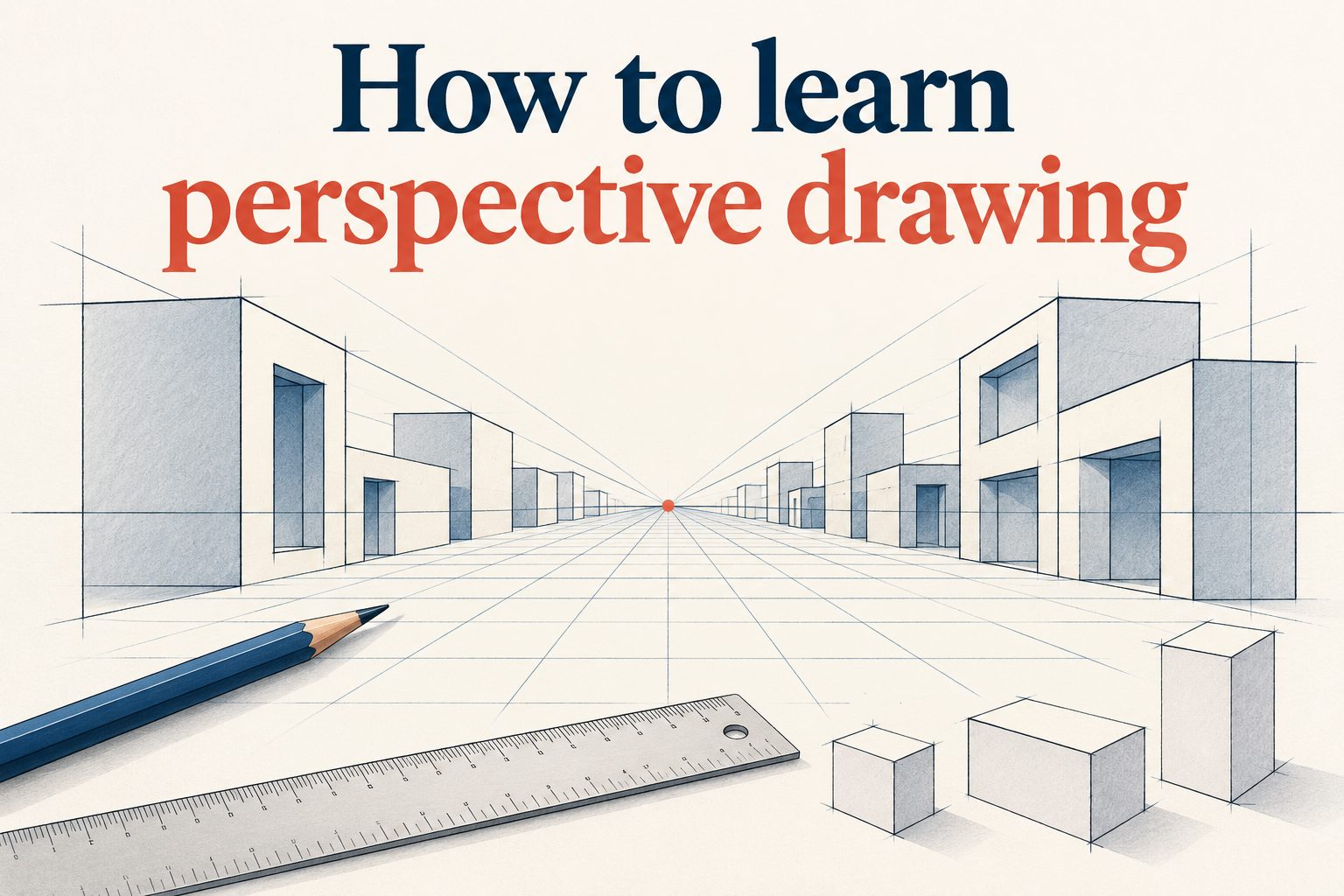 Hand sketching perspective grid with vanishing point lines in sketchbook